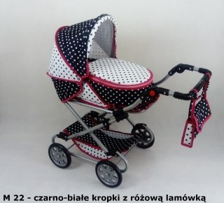 Wózek dla lalek głęboko-spacerowy MONIKA M21 czarno-białe kropki z czerwoną lamówką